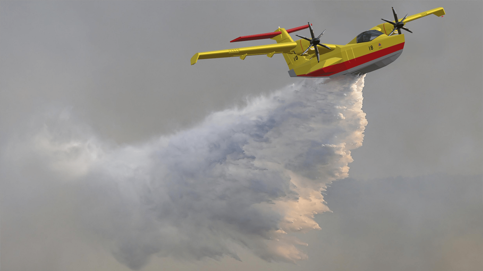 A yellow firefighting plane releases a large stream of water over a smoky area, assisting in wildfire suppression.