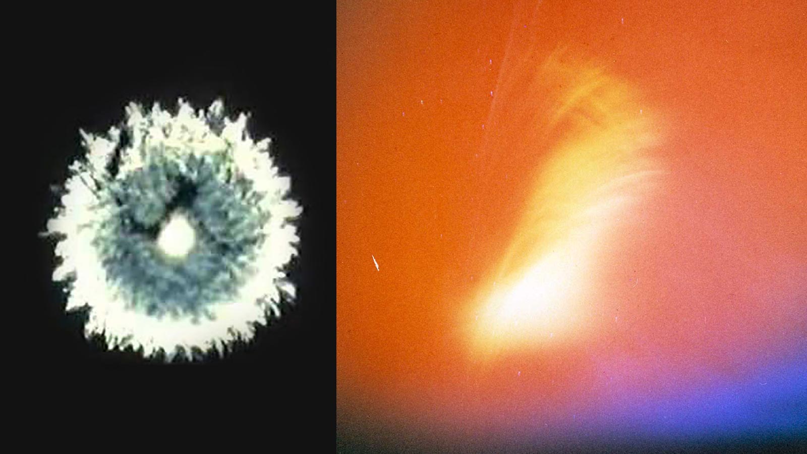 Side-by-side images: left, a bright white ring against a dark background; right, a glowing, orange-red nebulous shape with a blue tinge at the bottom.