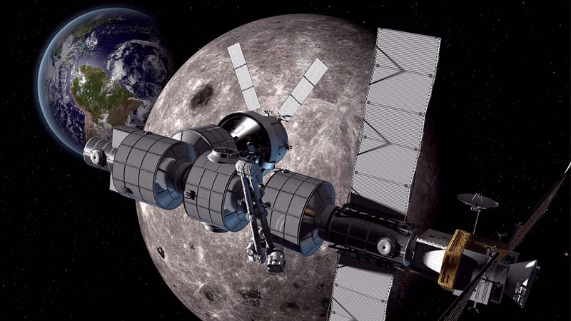 A digital rendering of a space station orbiting the moon with earth visible in the background.