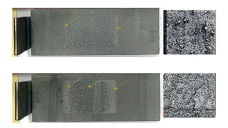 Two side-by-side comparisons of metal blocks with scratches indicated by yellow arrows, accompanied by their magnified surface textures.