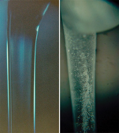 A split image shows two abstract close-ups of textures and light patterns, possibly depicting liquids or reflective surfaces in shades of blue and green.