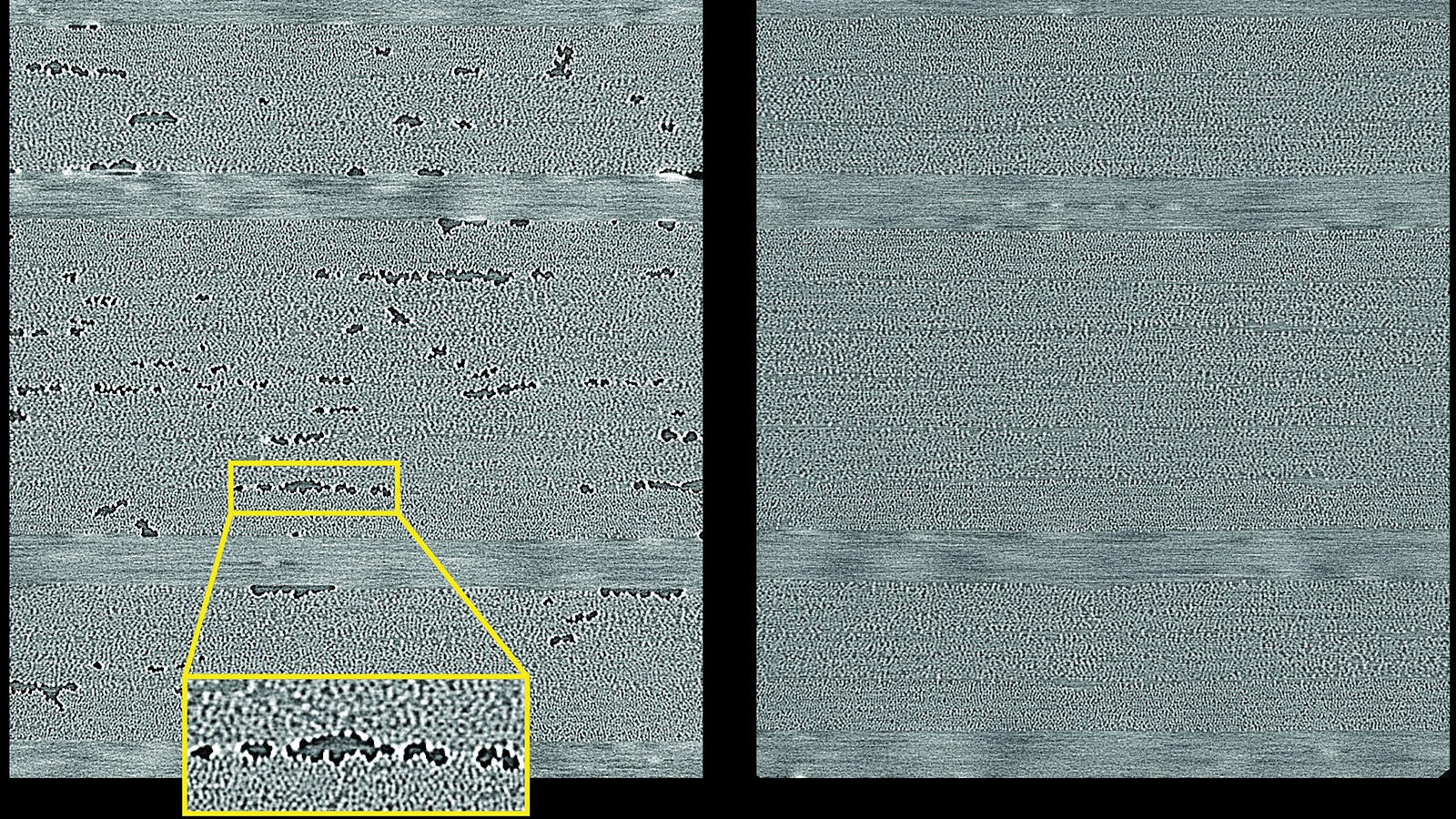Two vertically oriented, textured surfaces with sporadic dark spots, alongside a magnified section highlighted in a yellow box, showing fine, detailed texture variations.