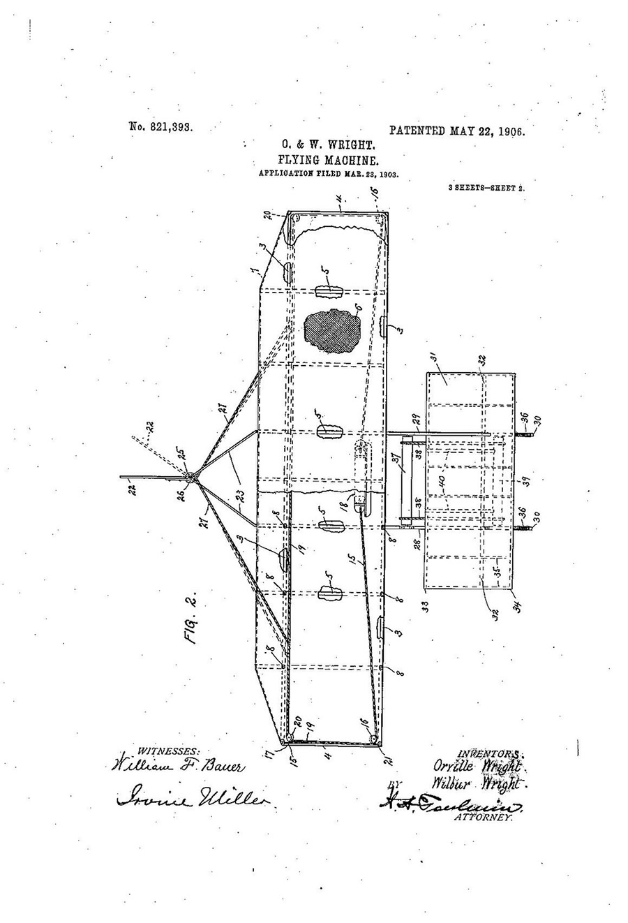 Patent illustration of a flying machine with various numbered components and descriptors, filed by O. & W. Wright and patented on May 22, 1906.