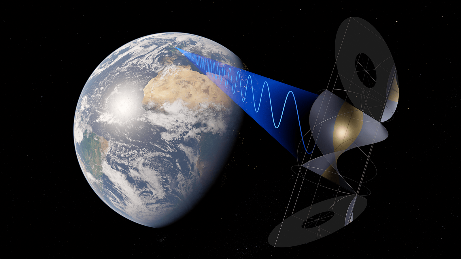 An illustration of Earth with a satellite emitting blue waves directed towards it, against a black space background.