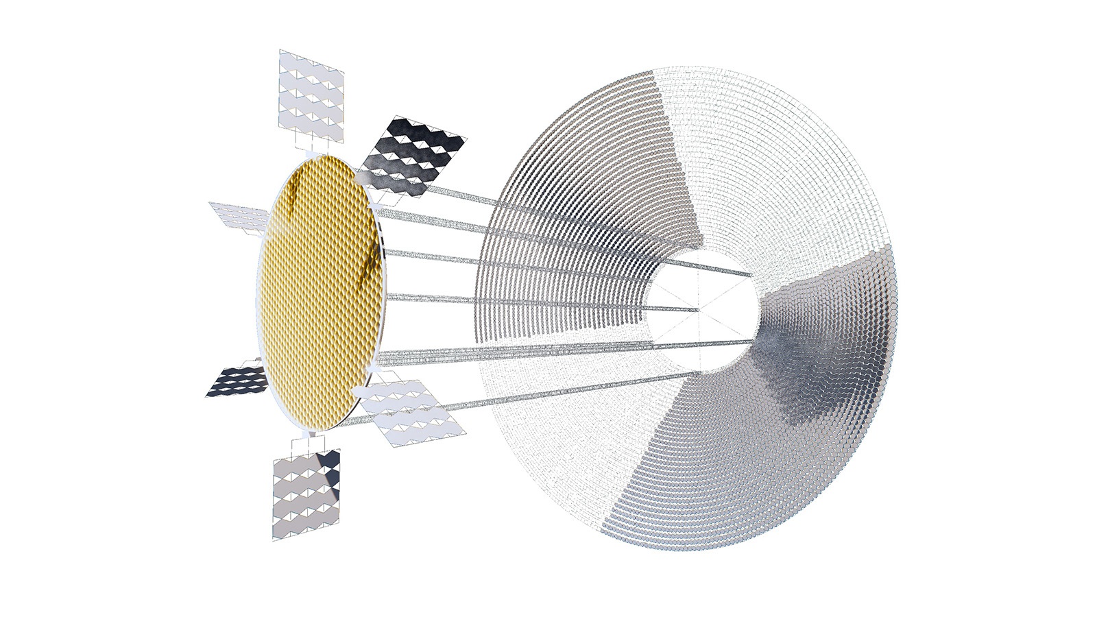 A large, circular satellite with an array of solar panels extends towards a smaller, circular antenna dish. The satellite and dish are connected by several rods.
