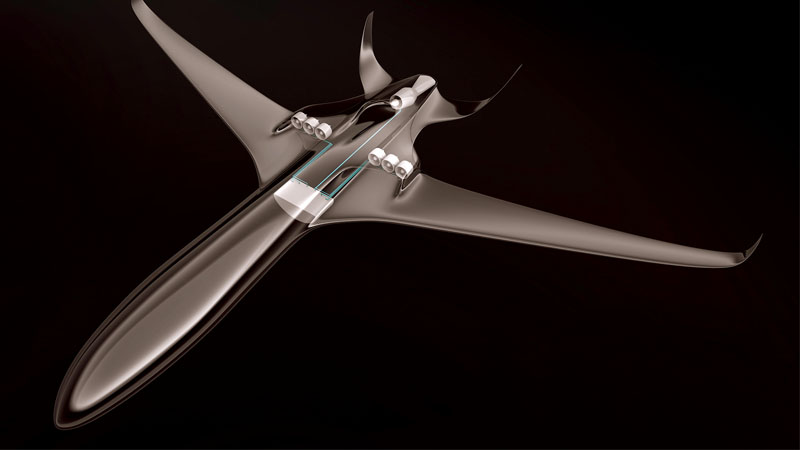3d render of a futuristic silver drone with sleek, curved wings and integrated blue light elements, flying against a dark background.