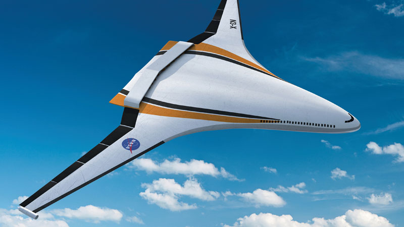 Conceptual image of a futuristic, white and orange spacecraft with delta wings, flying in a blue sky with clouds.