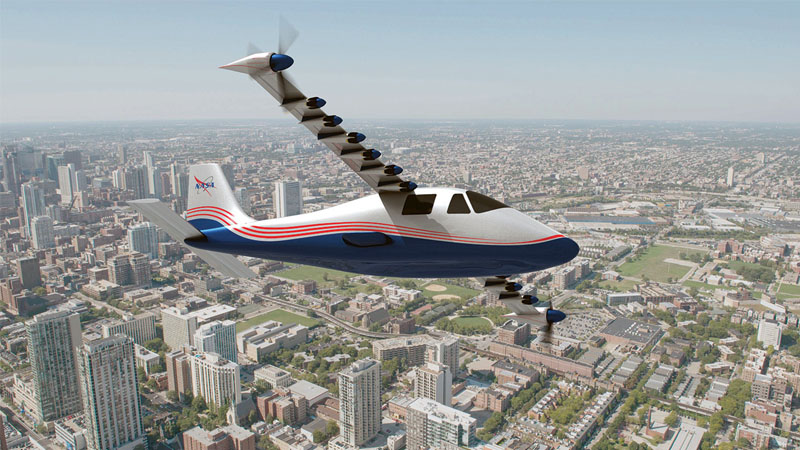 An artistic rendering of a futuristic airplane flying over a cityscape, featuring multiple propellers and a sleek, modern design.