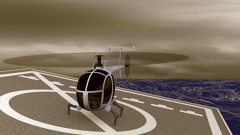 Helicopter taking off from a helipad on a high mountain plateau, with cloudy skies in the background.