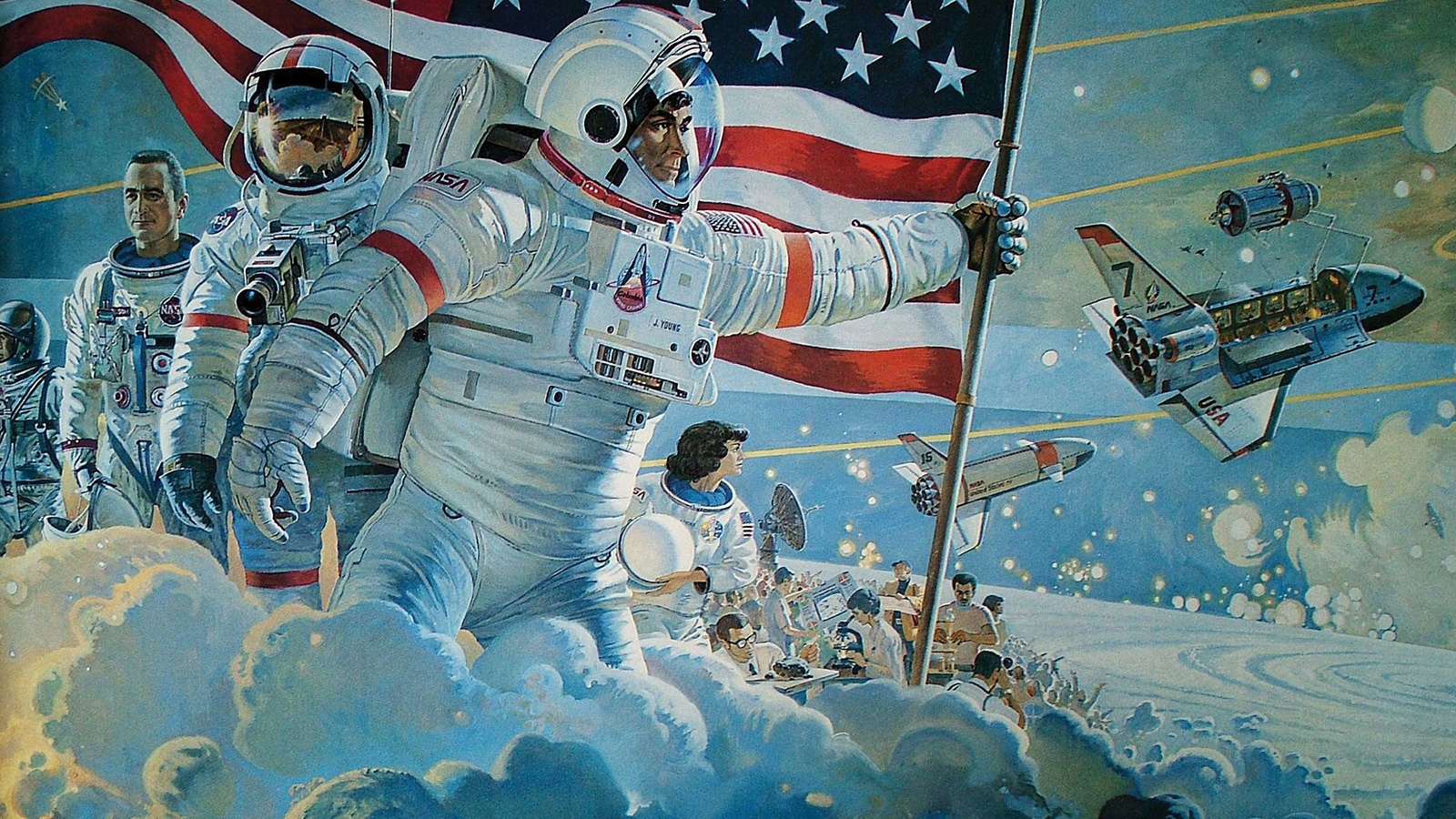Astronauts in spacesuits are depicted planting a flag on a cloud-like surface, with spacecraft and the American flag in the background.