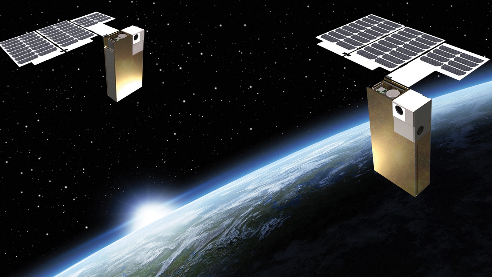 Two small satellites orbiting above Earth with solar panels extended, against a backdrop of stars and space with a distant view of the sun rising over the planet's horizon.