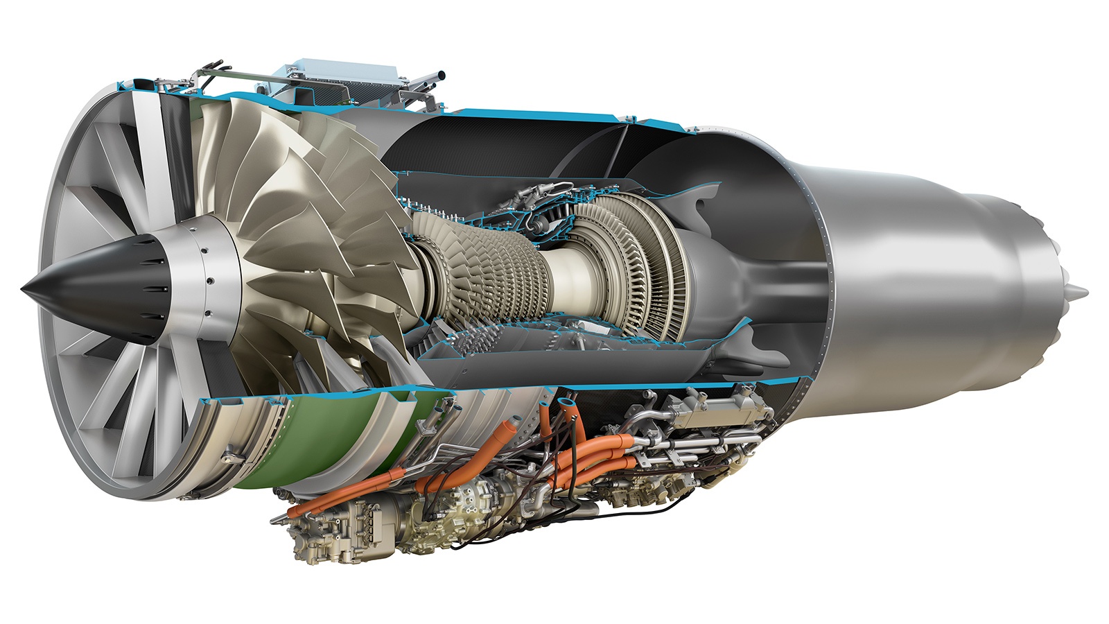 A detailed cross-sectional view of a jet engine, showcasing its internal components including the fan, compressor, combustion chamber, turbine, and exhaust.