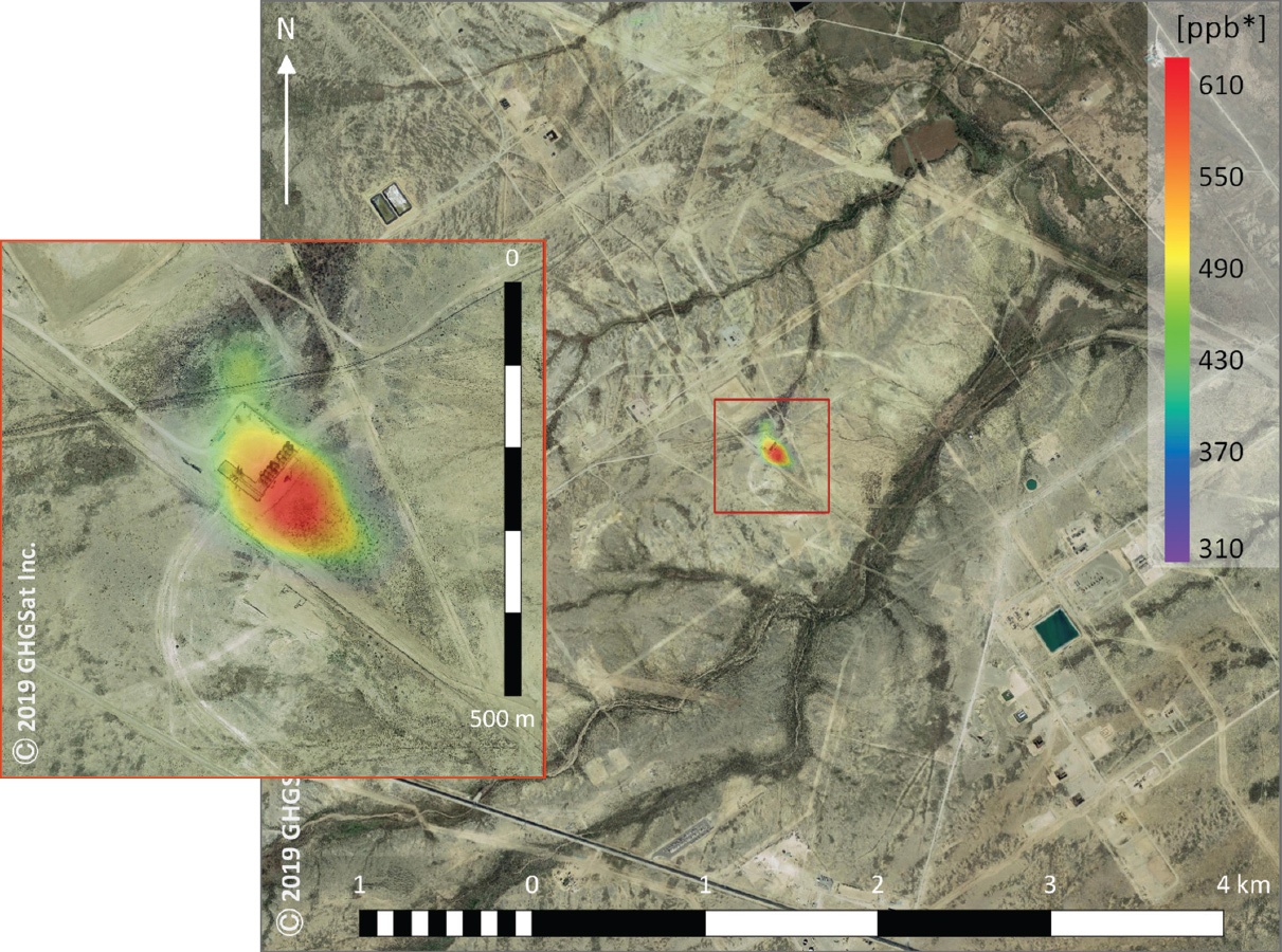 Aerial view showing methane emissions in a desert area, with an inset zooming in on a specific source, represented by a heatmap. The emissions scale ranges from 310 to 660 ppb.