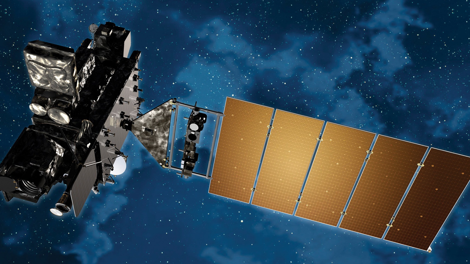 A satellite with large solar panels extends in space against a starry background.