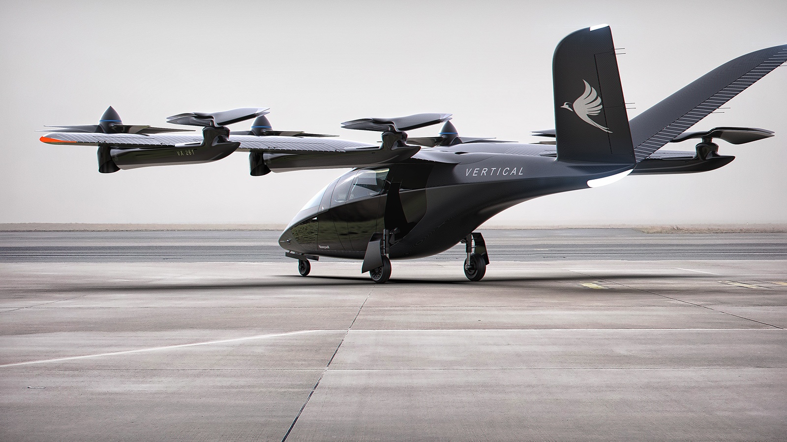 A sleek, black Vertical eVTOL aircraft with multiple propellers is parked on a concrete runway, displaying a bird logo on its tail fin.