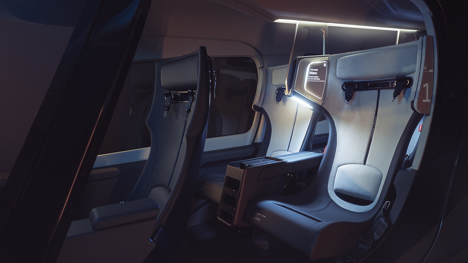 Futuristic, sleek interior of a high-tech transportation pod with reclining seats, seatbelts, and a console featuring digital display screens.