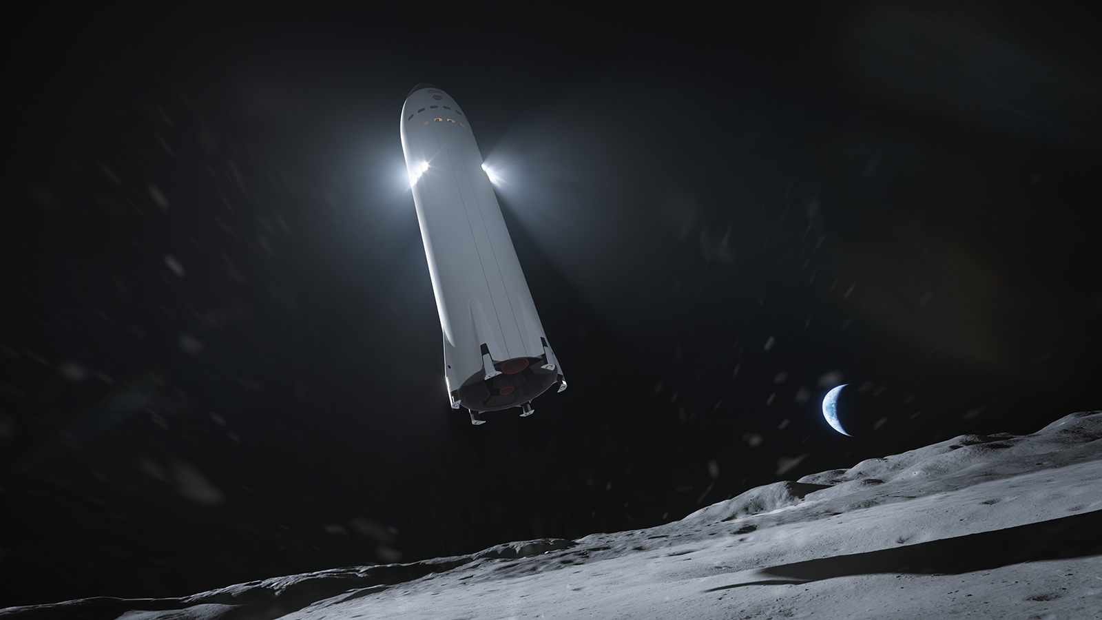 A spacecraft hovers above the surface of a moonlit celestial body with a distant view of a planet partially illuminated.