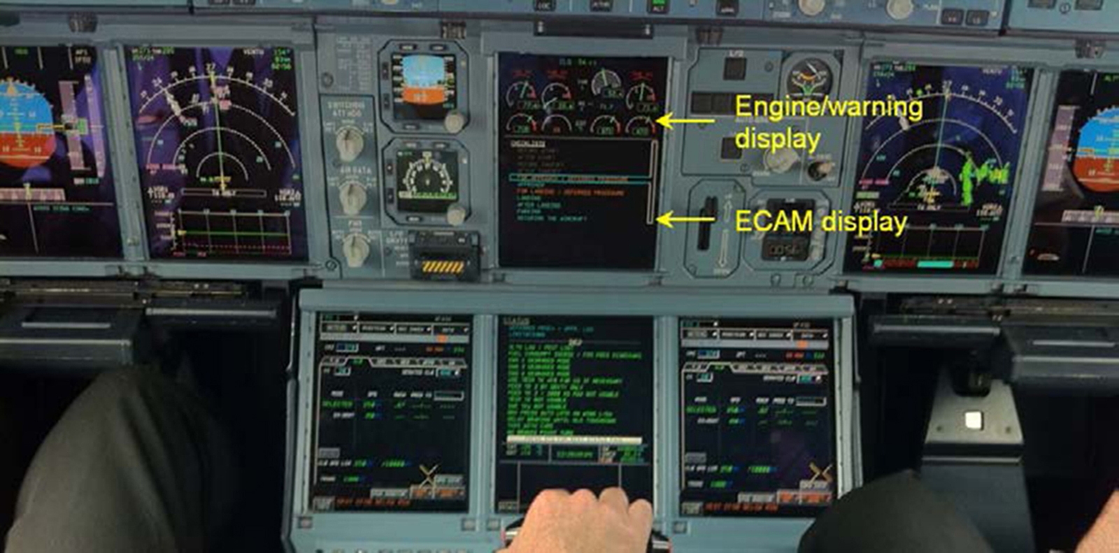 View of an airplane cockpit with the control panel. Two displays are labeled: engine warning display and ECAM display. A hand is visible, adjusting controls on the control panel.