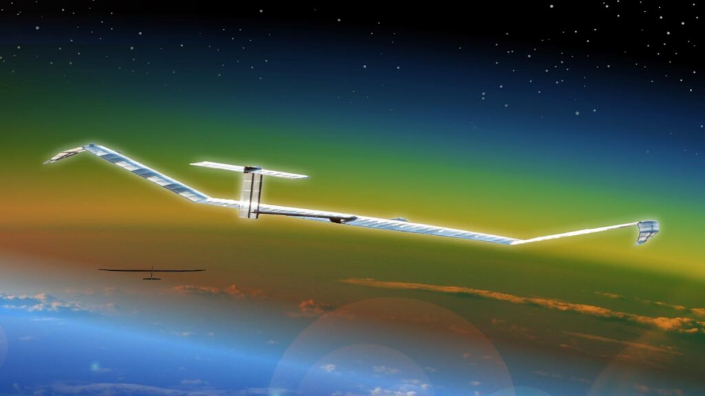 A solar-powered aircraft with a long, slender wing design flies above the Earth's atmosphere, against a backdrop of a starry sky and a gradient of green and orange hues.