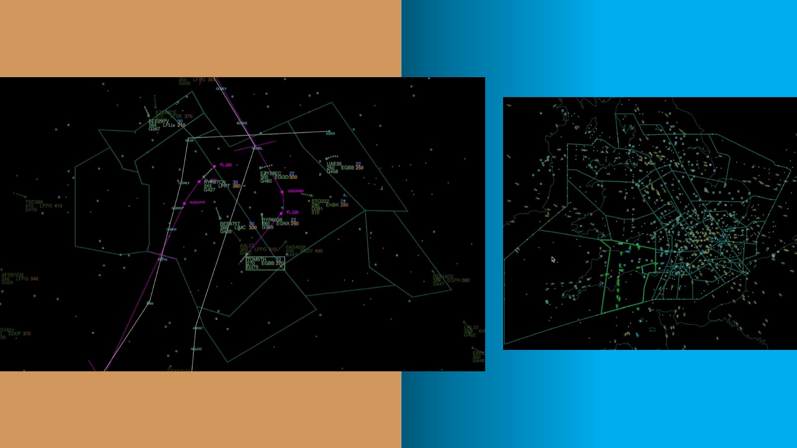 Two separate radar screens display air traffic with various flight paths and waypoints, set against a background split between brown and blue.