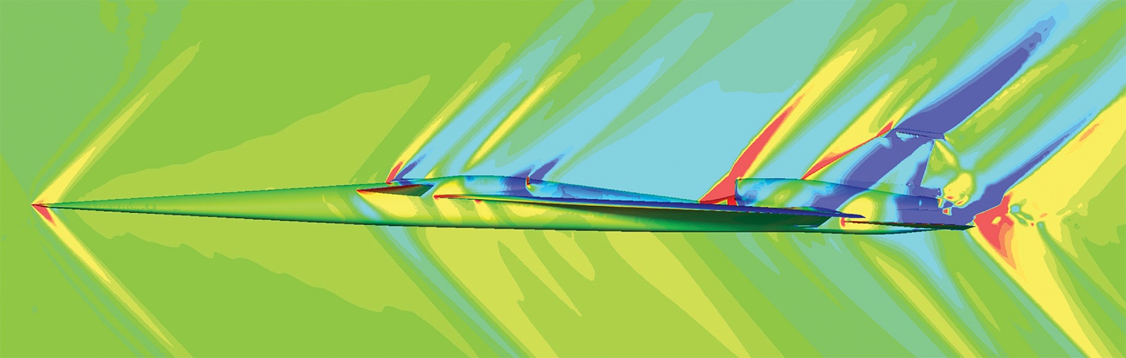 A digital rendering depicts the aerodynamic contour and airflows of a supersonic aircraft, showing various colors illustrating pressure differences and flow patterns around the vehicle.