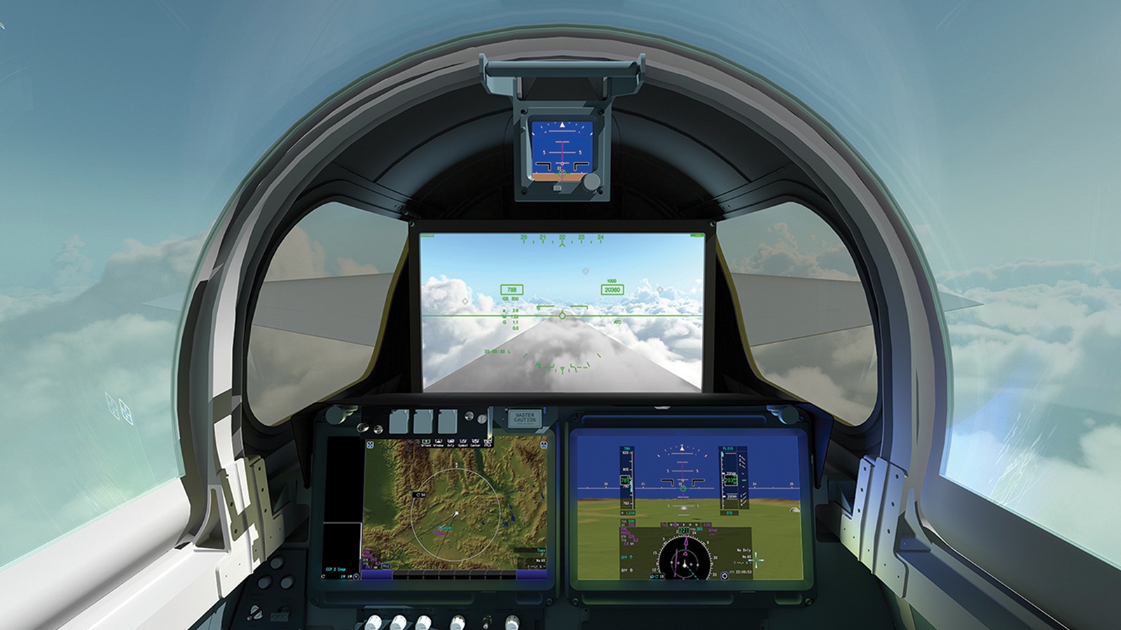 Cockpit view from an aircraft, showing various digital screens displaying navigation and flight data against a background of clouds and blue sky.