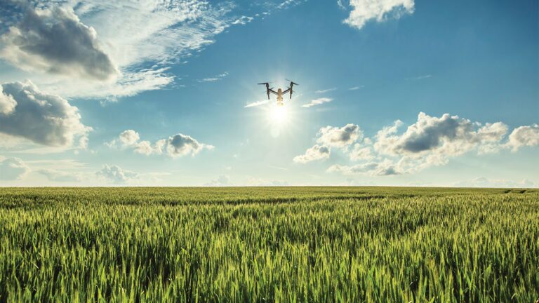 April 2020 AIAA Bulletin A drone hovers over a vast, green wheat field under a blue sky with scattered clouds and bright sunlight.