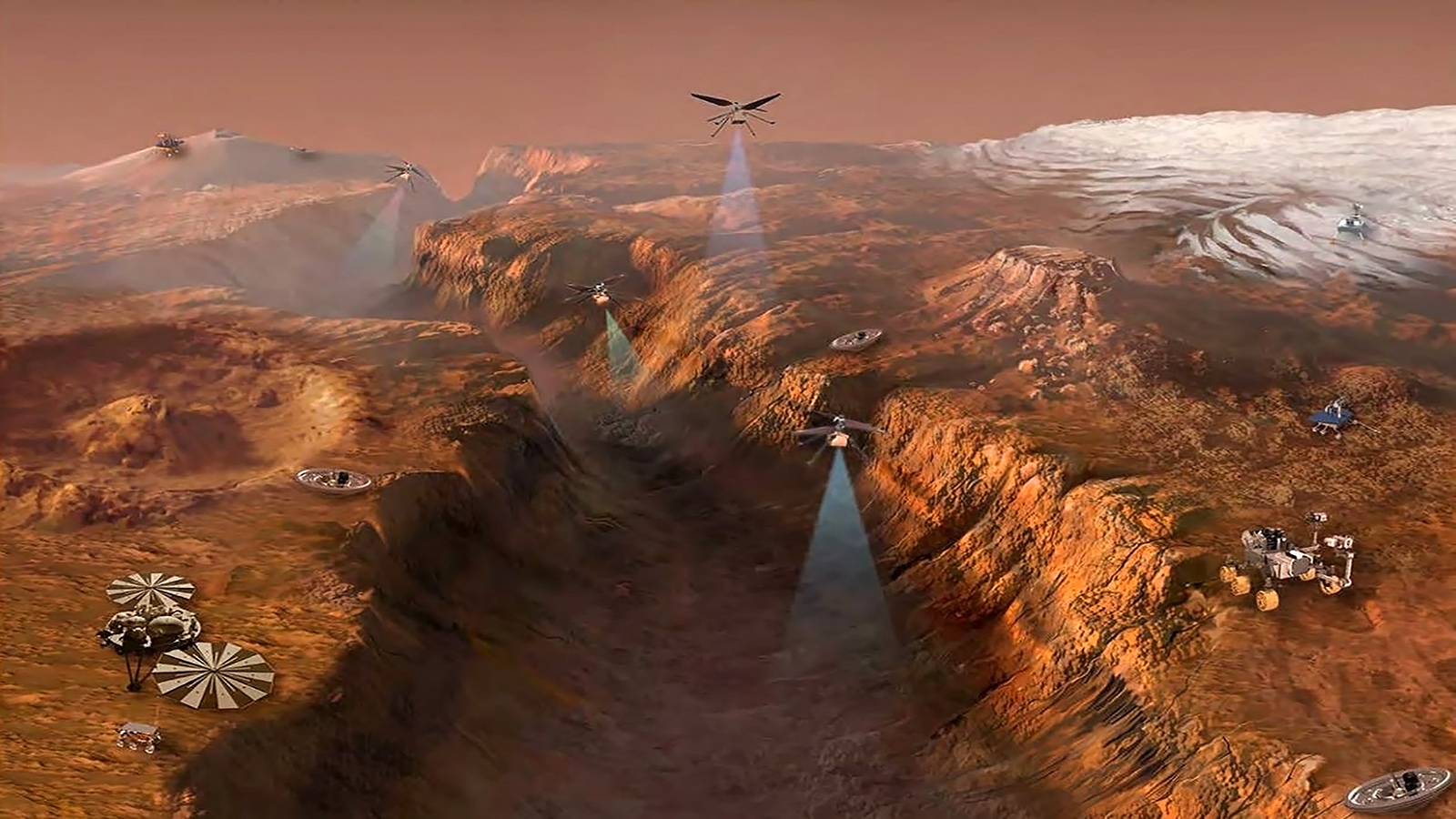 Illustration depicting multiple probes and a helicopter-like drone exploring a rocky, canyon-filled Martian landscape, some with solar panels and others shining lights onto the surface.