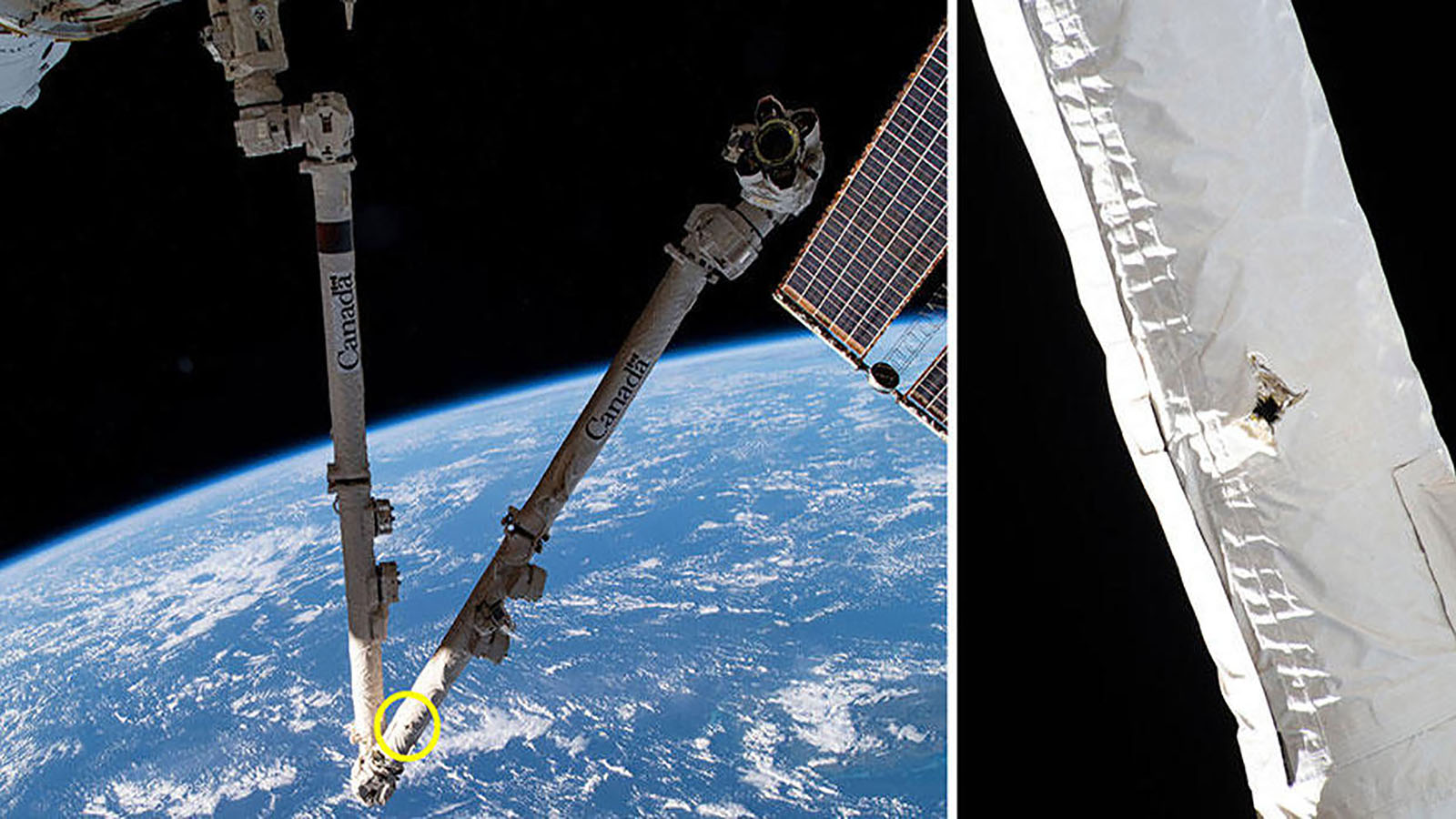 Image of the Canadarm2 robotic arm attached to the International Space Station with visible Earth in the background and a zoomed-in view of damage to the arm (circled in yellow) from space debris.