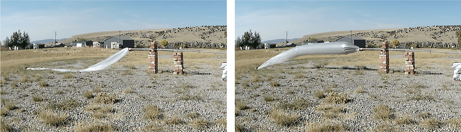 Two images side by side show a balloon inflating and elongating while attached to a horizontal pole in a grassy, open field with hills and structures in the background.