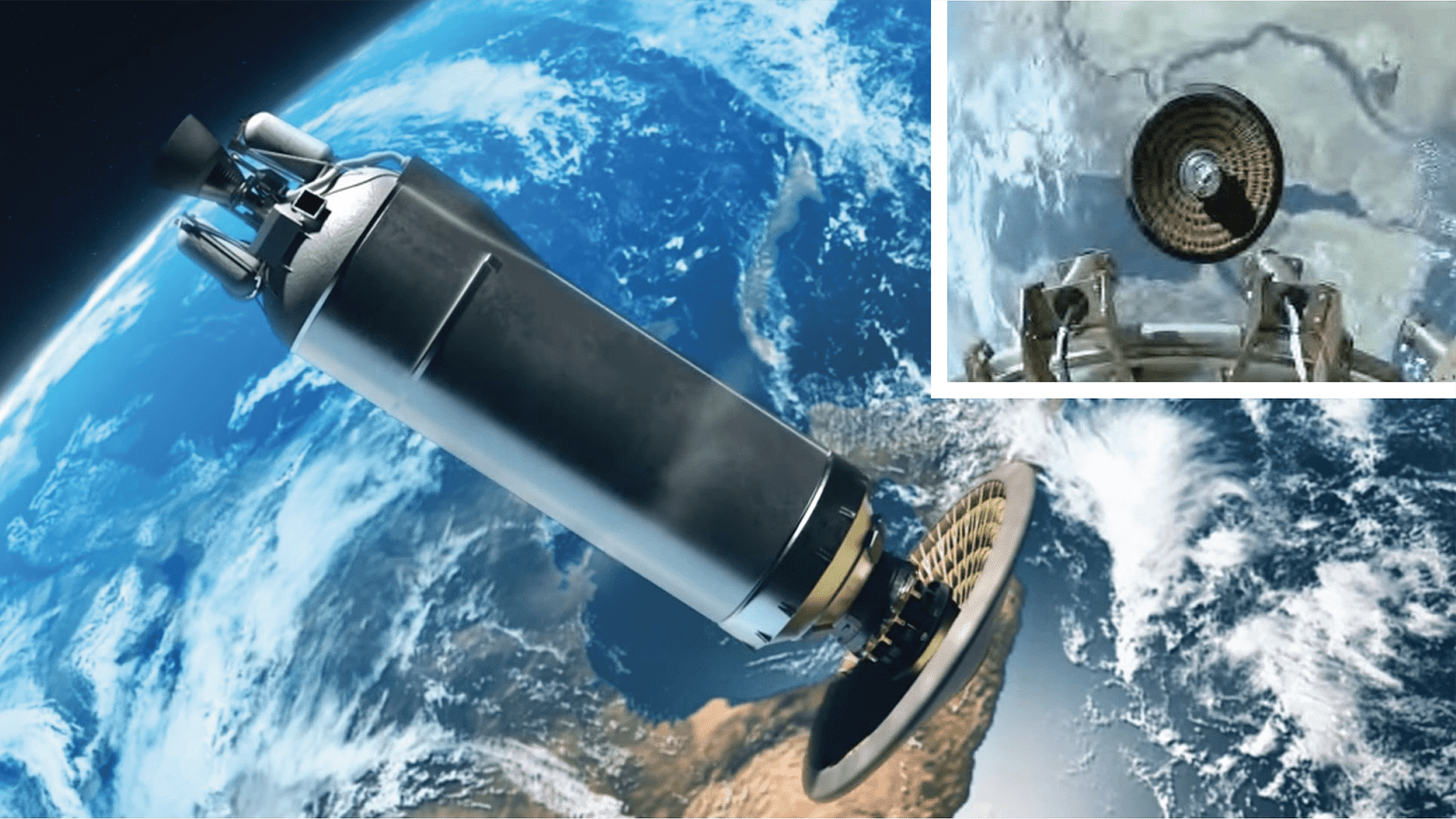 A satellite in Earth's orbit with its solar panels extended; an inset shows a close-up view of the satellite from above.