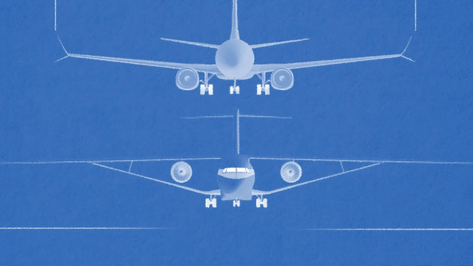 Illustration of two airplanes facing forward, with one positioned directly above the other, against a blue background.