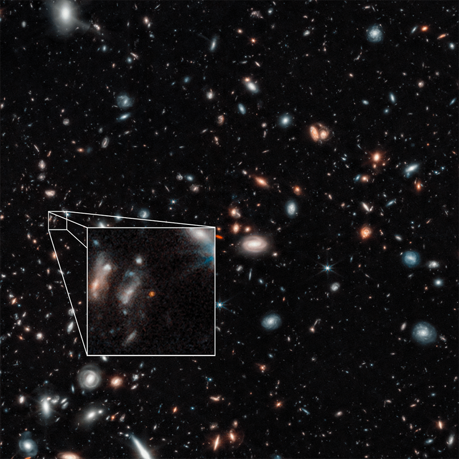 Image of a star-filled galaxy cluster in space with an inset box highlighting a smaller section of the cluster, showing detailed features of individual distant galaxies.
