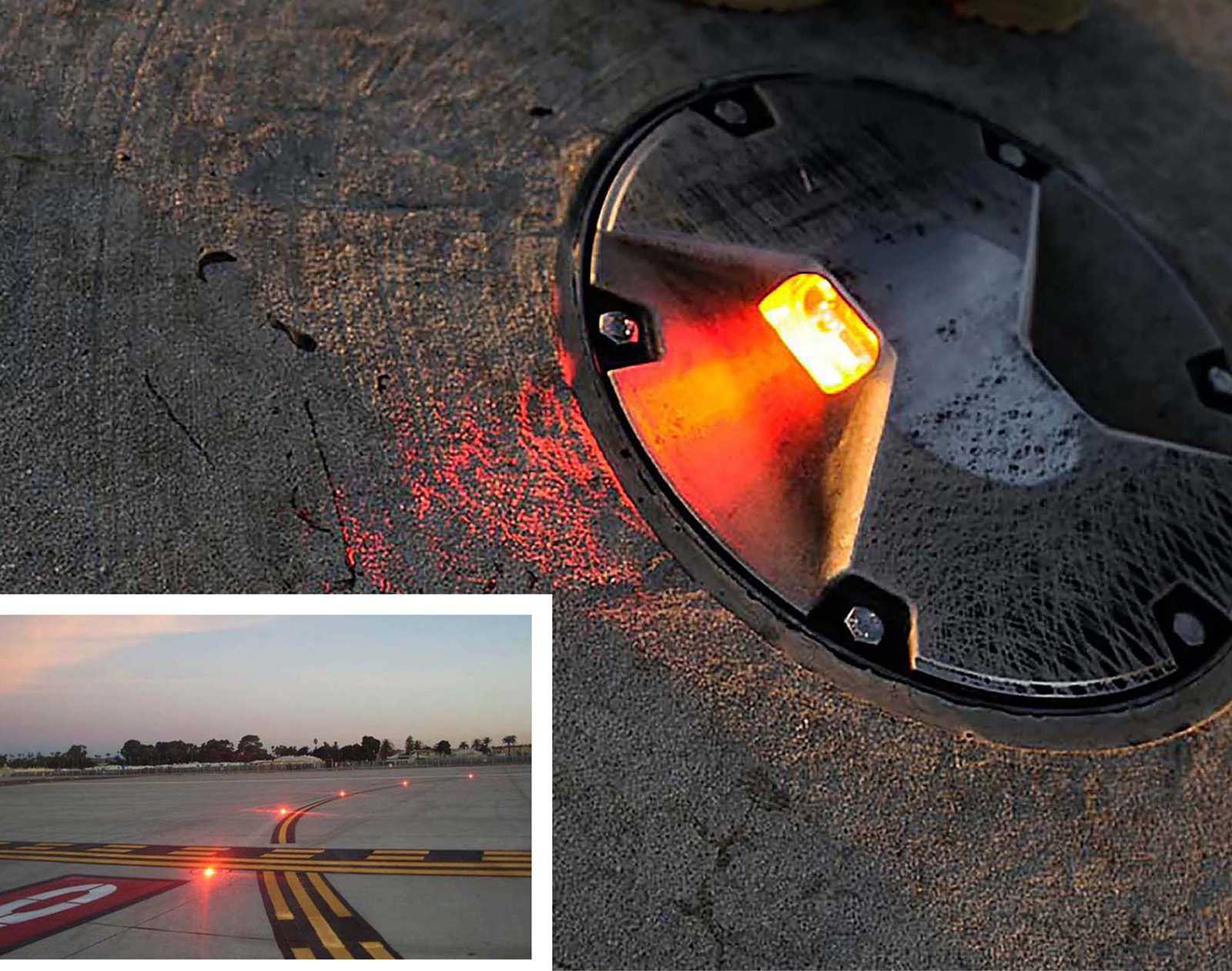 Close-up of an in-ground airport runway light emitting a red glow. Inset shows a distant view of an airport runway with red lights lining the edge.