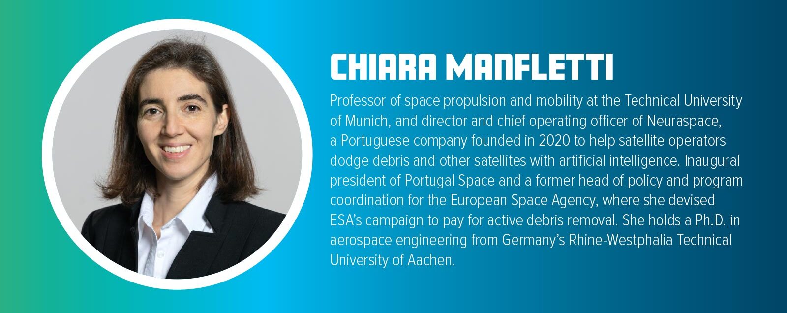 A headshot of Chiara Manfletti on a blue gradient background with a brief biography stating her roles, contributions to space technology, and academic background.