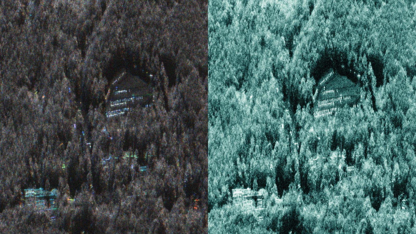Side-by-side comparison of a digital image before and after processing. Both images show a densely wooded area with several buildings partially visible among the trees.