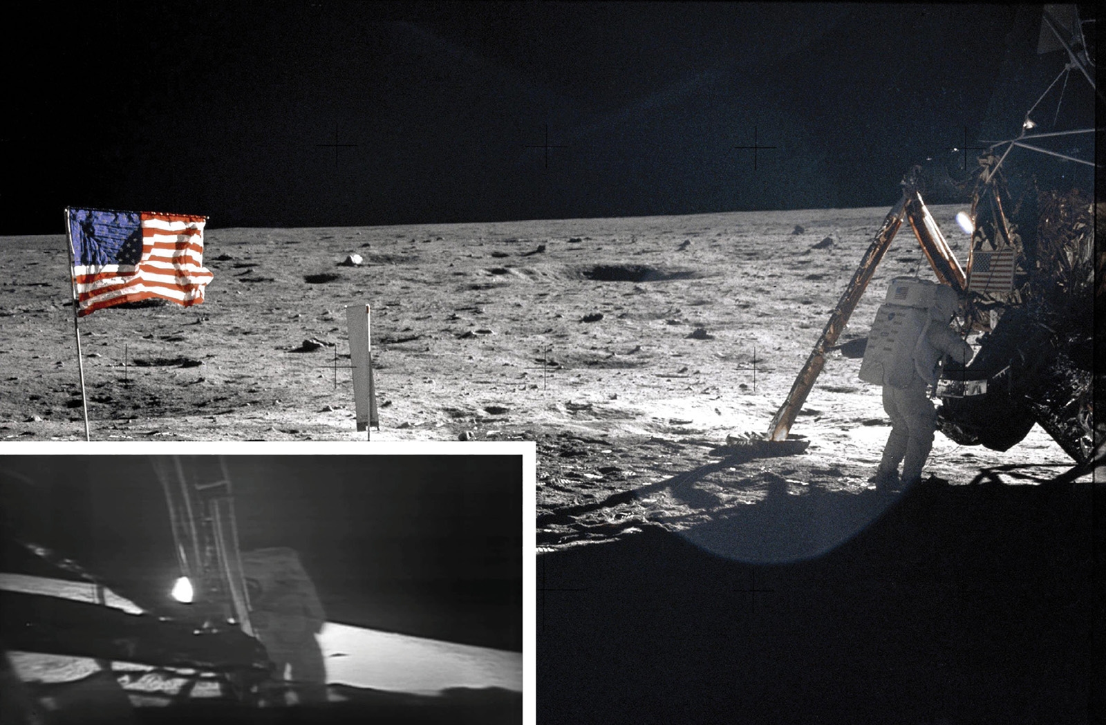 Astronaut on the moon's surface near a lander with an American flag planted in the ground. Inset shows a black-and-white close-up of astronaut descending a ladder.