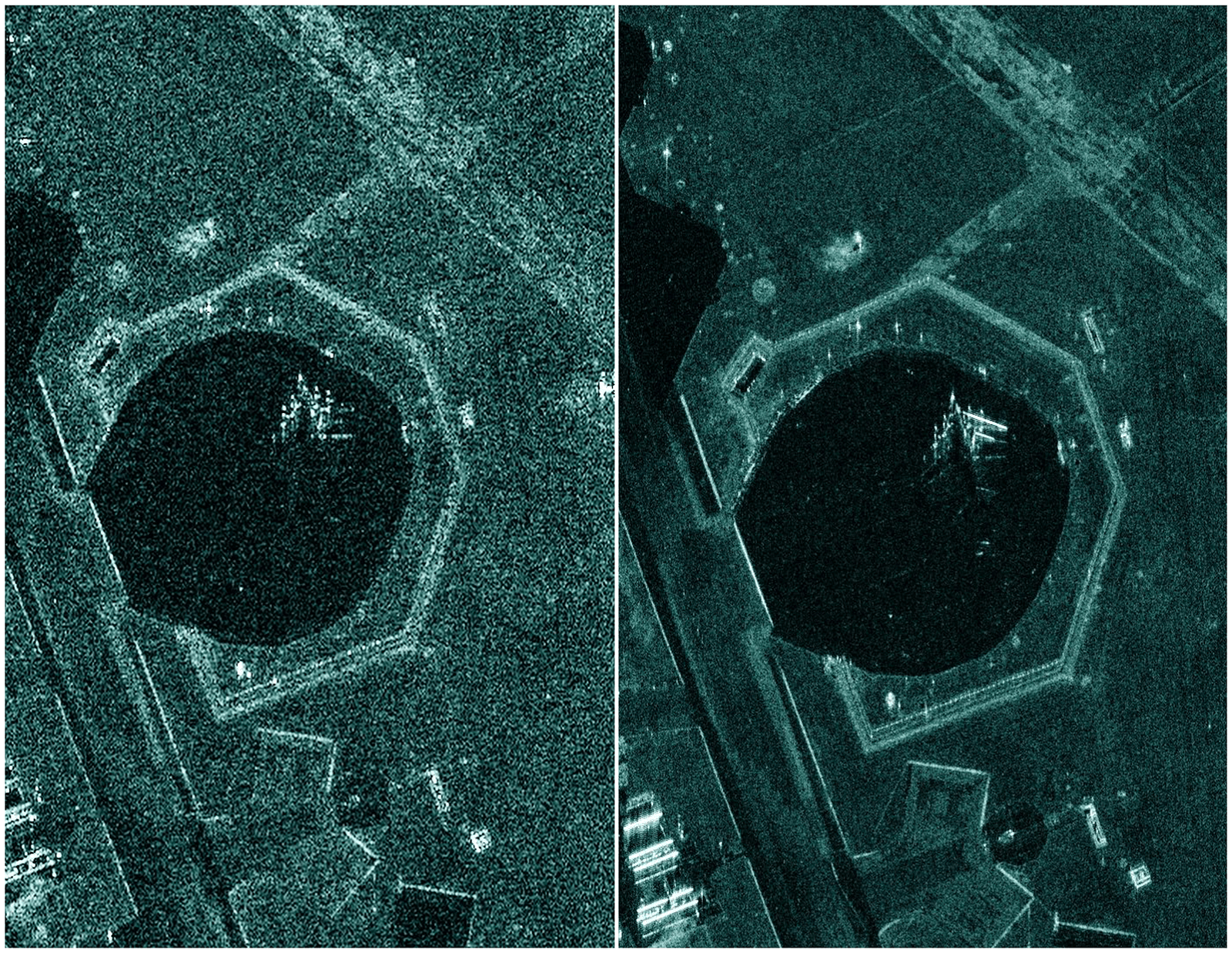 Side-by-side satellite images of a hexagonal-shaped structure with a central circular area, showing a comparison of different imaging times or sensors.