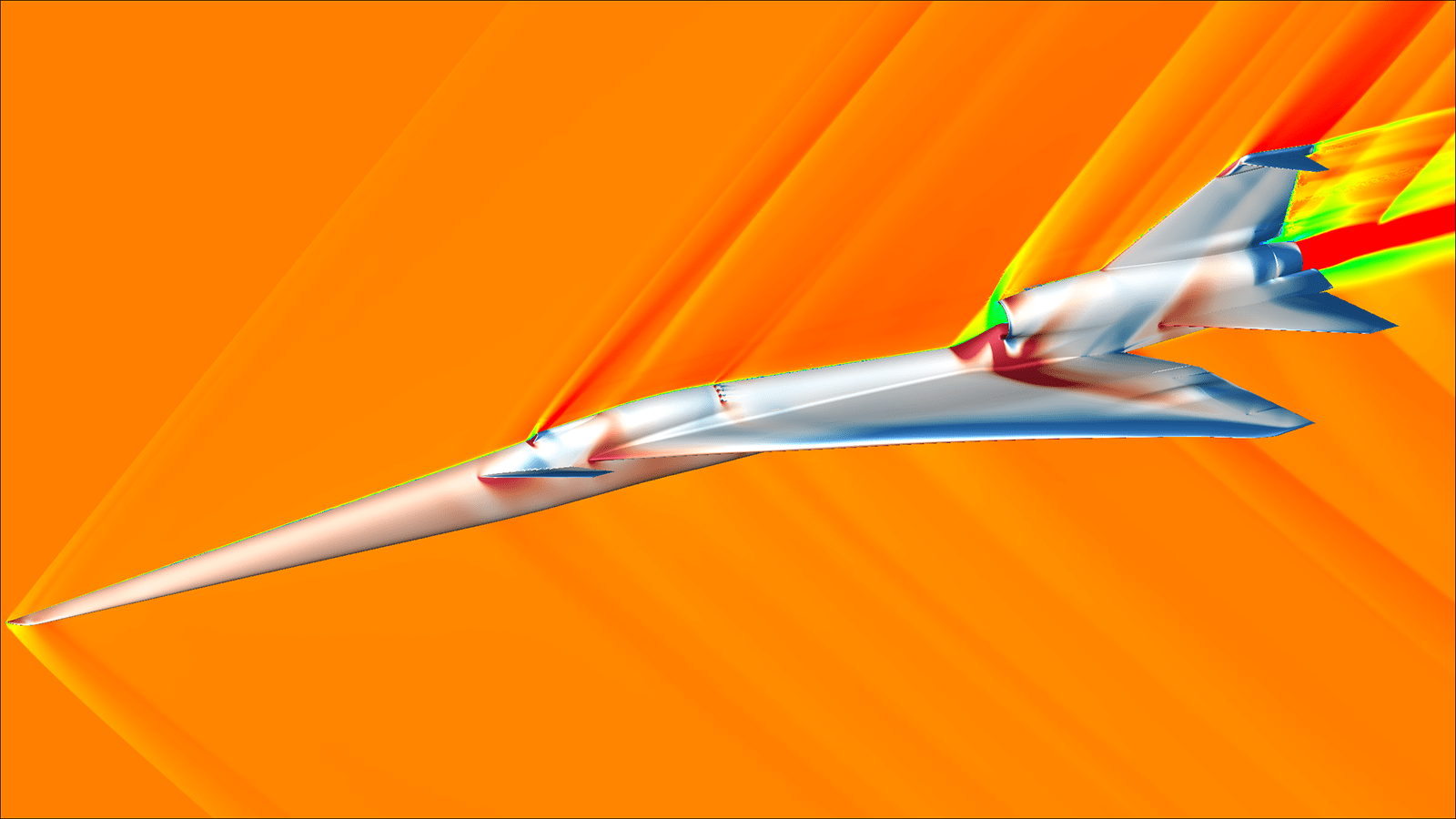 A streamlined aircraft in flight against an orange background, showing aerodynamic flow lines in red, yellow, green, and blue.