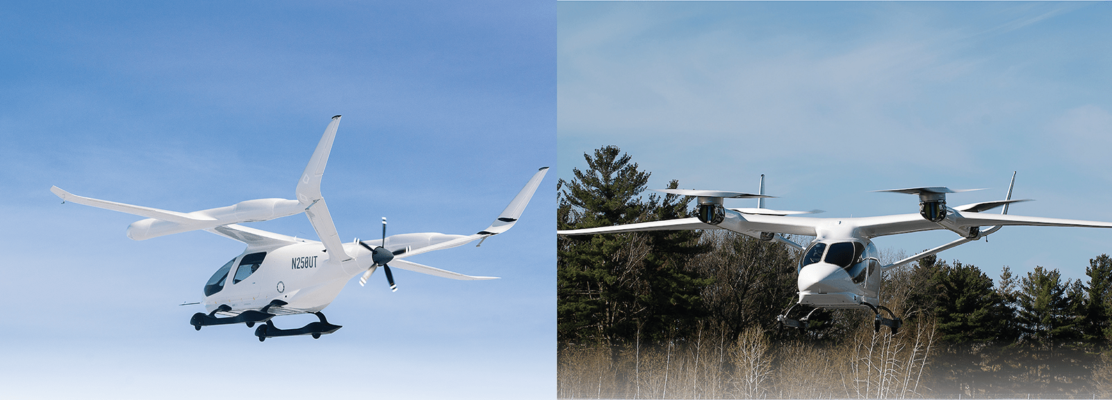Two white electric vertical takeoff and landing (eVTOL) aircraft are flying in the sky, with one on the left side viewed from the back and the other on the right side viewed from the front.