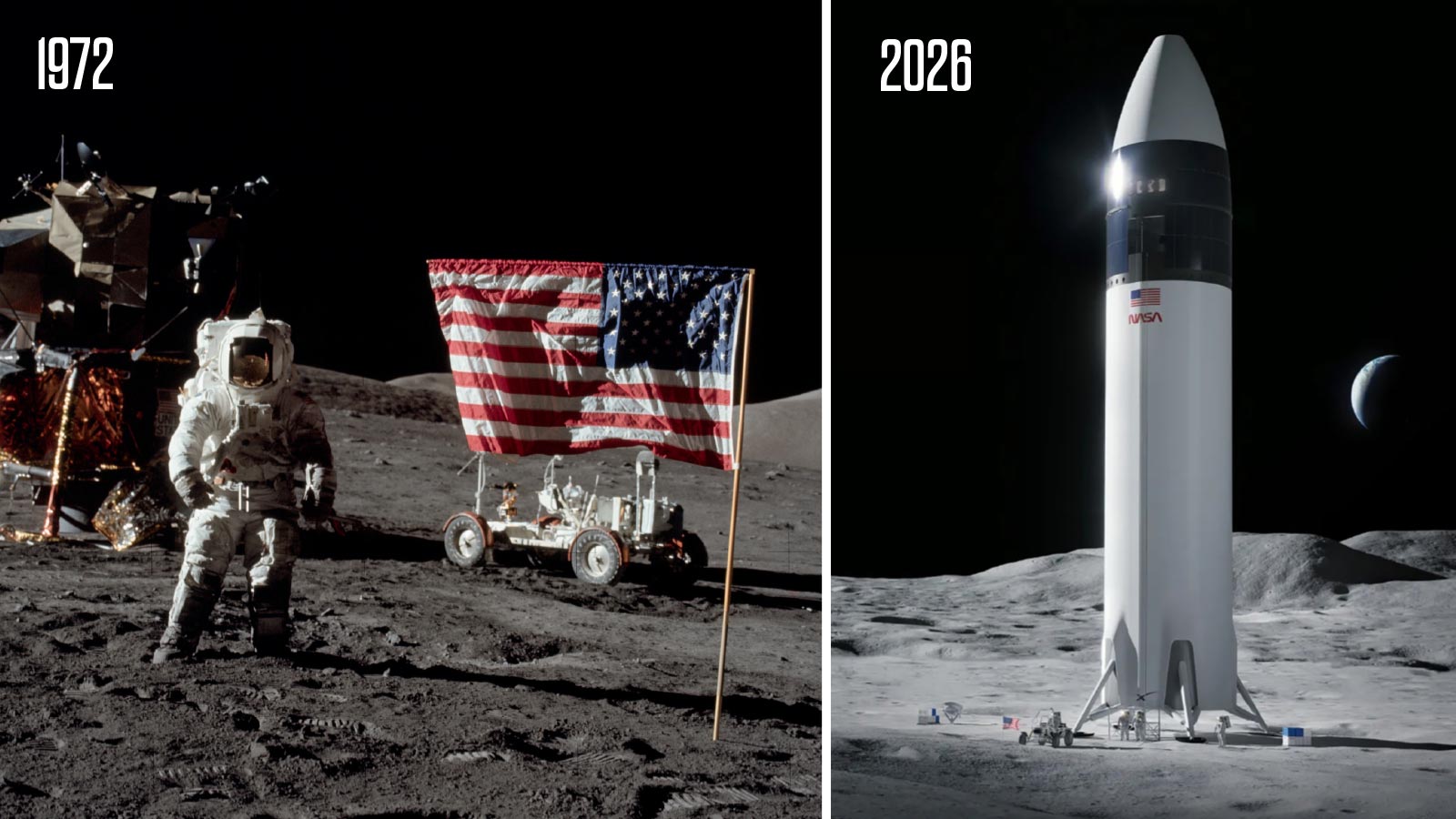 Side by side image of Apollo 17 lander and Starship lander