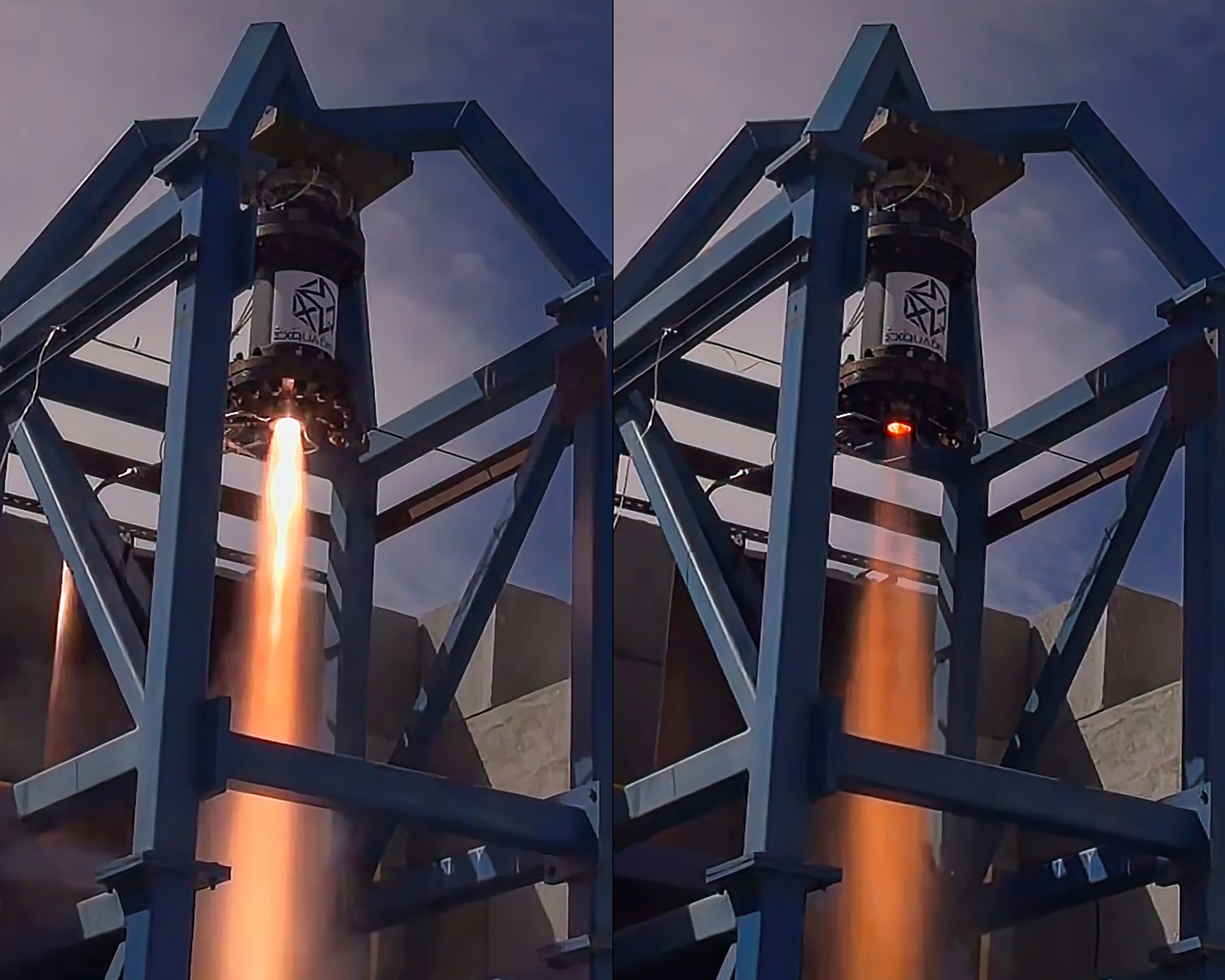 Two images side by side show a rocket engine test. The left image captures the engine firing with a bright flame, while the right image shows the engine cooling down with no flame visible.
